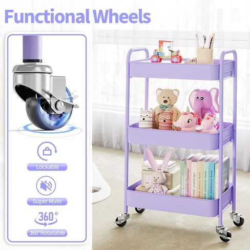 TOOLF 3-Tier Metal Rolling Cart with Wheels, Storage Utility Organizer Cart for Kitchen, Bathroom, Office, Baby Essentials & Makeup - Lockable Casters, Easy Assembly, Large Capacity, White in Kuwait