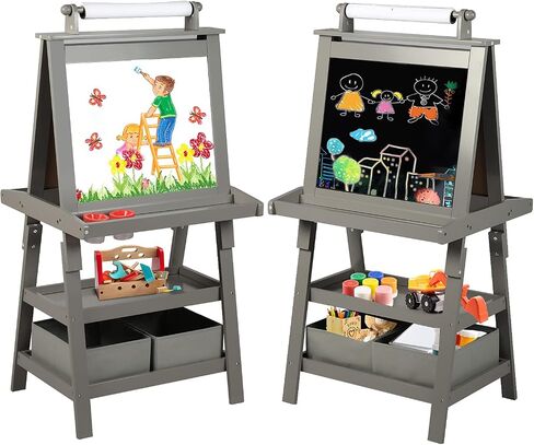 Kinder King 3 in 1 Kids Art Easel w/Storage, Double-Sided Magnetic Whiteboard & Chalkboard, Dry-Erase Board w/Paper Roller, Toddler Children Standing Easel for Painting & Drawing, Accessories(Grey) in Kuwait