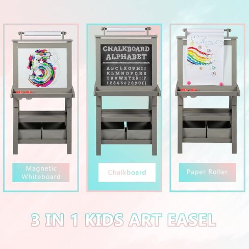 Kinder King 3 in 1 Kids Art Easel w/Storage, Double-Sided Magnetic Whiteboard & Chalkboard, Dry-Erase Board w/Paper Roller, Toddler Children Standing Easel for Painting & Drawing, Accessories(Grey) in Kuwait