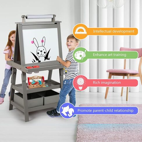 Kinder King 3 in 1 Kids Art Easel w/Storage, Double-Sided Magnetic Whiteboard & Chalkboard, Dry-Erase Board w/Paper Roller, Toddler Children Standing Easel for Painting & Drawing, Accessories(Grey) in Kuwait