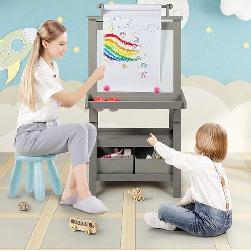 Kinder King 3 in 1 Kids Art Easel w/Storage, Double-Sided Magnetic Whiteboard & Chalkboard, Dry-Erase Board w/Paper Roller, Toddler Children Standing Easel for Painting & Drawing, Accessories(Grey) in Kuwait