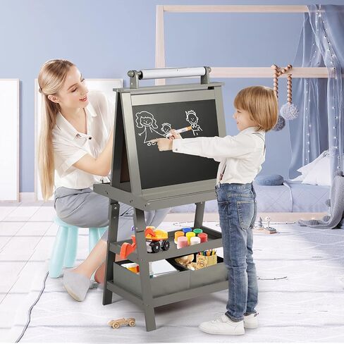 Kinder King 3 in 1 Kids Art Easel w/Storage, Double-Sided Magnetic Whiteboard & Chalkboard, Dry-Erase Board w/Paper Roller, Toddler Children Standing Easel for Painting & Drawing, Accessories(Grey) in Kuwait