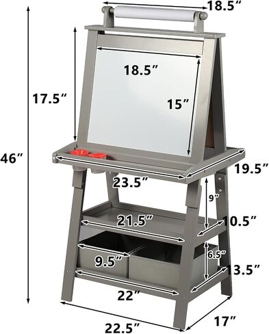 Kinder King 3 in 1 Kids Art Easel w/Storage, Double-Sided Magnetic Whiteboard & Chalkboard, Dry-Erase Board w/Paper Roller, Toddler Children Standing Easel for Painting & Drawing, Accessories(Grey) in Kuwait