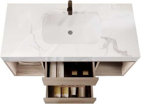 39.4 '' Floating Bathroom Vanity with Ceramic sink,Wall Mounted Vanity 2 Soft Close Drawer and white slate top （White + Light Oak + Ceramic + Faux Marble + Solid Wood + Luxury + Modern + Ultra-Modern） in Saudi Arabia