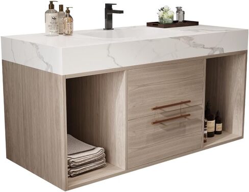 39.4 '' Floating Bathroom Vanity with Ceramic sink,Wall Mounted Vanity 2 Soft Close Drawer and white slate top （White + Light Oak + Ceramic + Faux Marble + Solid Wood + Luxury + Modern + Ultra-Modern） in Saudi Arabia