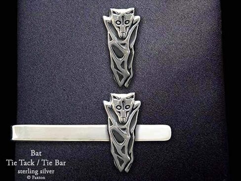 Bat Tie Tack or Bat Tie Bar in Solid Sterling Silver Hand Carved & Cast by Paxton in Saudi Arabia