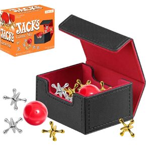 Jumping Metal Jacks Game Set with 2 Balls Classic PU Leather Storage Box 20 Nostalgic Jax Game for Family Fun Retro Play,Jackstones Games Set,Old School Floor Game
