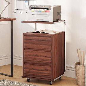 JOMEED 3 Drawer File Cabinet with Extended Desktop Lockable Wheels Under/Beside Desk Storage and Organizer Cabinet for Home Office, Small Rolling File Chest, Printer Stand, Modern Style, Walnut, Large