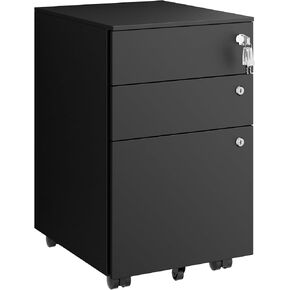 3 Drawers File Cabinet with 3 Lock, Mobile Metal Filing Cabinet, Fully Assembled Except Casters, for Home Office, for A4, Letter, Legal File Folders, Black