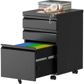 Metal Filing Cabinet with Wheels, 3 Drawer Mobile File Cabinet with Lock, Secure Mobile File Cabinets for Home Office, Organizer Letters/Legal/A4, Fully Assembled Under Office Desk, Black