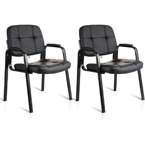 CLATINA Office Reception Guest Chair with Bonded Leather Padded Arm Rest, Ergonomic Guest Chair for Waiting Room Lobby Meeting Church Conference School, Black, 2 Pack