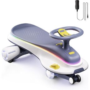 Electric Wiggle Car with Pedal, FasonBaby Wiggle Car for Kids, 2 in 1 Swing Car with LED Flashing Wheels, Rechargeable Battery, Anti-Rollover CyberWiggle for Ages 3 and Up (Grey)