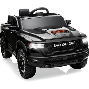 12V Licensed Ram 1500 Ride on Toy for Kids, Toddler Ride on Pickup Truck with Parent Remote Control, Electric Car for Kids with Truck Bed Storage, 3 Point Safety Belt (Black)