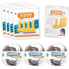 Authentic Knitting Board Zippy Loom Kit - 4 Zippy Looms, 1 Zippy Corners, 3 Balls, Lion Brand Cover Story, Thick & Quick, 117 Total yds. Color Snow Peak