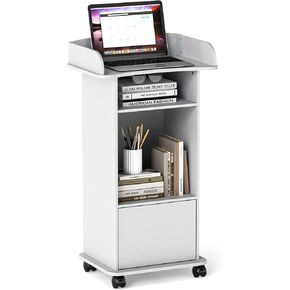 Podium Stand Portable,Mobile Pulpit Podium with Lockable Wheels,Wooden Hostess Stand Reception Desk with Adjustable Shelf and Storage Cabinet for Churches Conference School