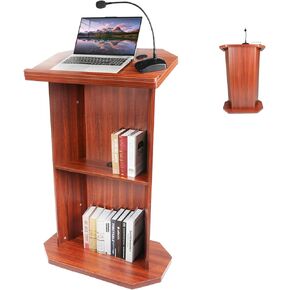 49" Wood Podium Stand withLarge 2-Tier Shelve, Wooden Lectern with Reserved Wire Hole, Wooden Standing Pulpit with Reading Platfor for Church Office School Home Conference Restaurant Meeting