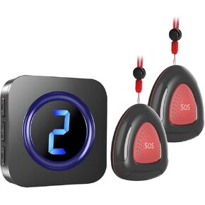 Black Caregiver Pager Wireless Call Bell Personal Alarm Caregiver Call Button Life Alert System for Seniors Patients Home Elderly Help Assistance Pagers at 1,000ft Long Range 2 SOS Buttons