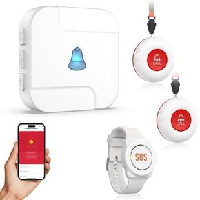 WIFI Caregiver Pager System مع زر الطوارئ للمسنين - 1 SOS ALERT WATCH + 2 أزرار مكالمات لاسلكية + 1 مستلم لكبار السن معاقين المريض (2.4 جيجا هرتز واي فاي ، لا رسوم شهرية)