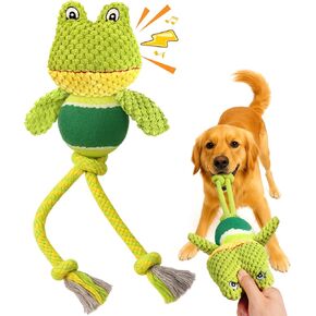 Swooflia Durable Squeaky Dog Toy - Interactive Plush Cute Frog with Rope Legs, Teeth Cleaning Tug Toy for Small Medium and Large Dogs, Puppy Chew Toy for Training and Play