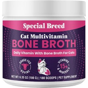Cat Multivitamin with Grass-Fed Beef Bone Broth – Daily Supplement for Immune, Joint, Skin, Coat & Gut Health – Omega 3s, Lysine, Beta Glucan, Vitamins A-E, C, D – 180 Day Supply – No Fillers