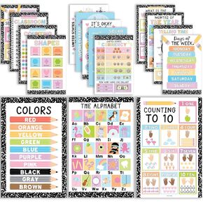 Hadley Designs 16 Educational Posters for Toddlers 1-3, Laminated Toddler Learning Posters for Preschool & Kindergarten, ABC Chart, Numbers, Colors, Shapes, Days of The Week, Pastel Classroom Decor