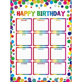 Classroom Birthday Chart with 20 Glue Dots, Reusable Happy Birthday Poster, Confetti Classroom Decoration, Dry Erase Wall Calendar, Laminated Bulletin Board Decor School Supplies (12.6"X17")