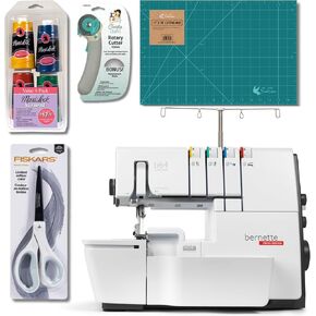 Bernette B64 Airlock Serger Overlocker with Air Threading | 1300SPM, Free Hand & Arm System, LED Light | Scissors, Rotary Cutter, Threads Bundle, Self-Healing Foldable Cutting Mat, Extension Table