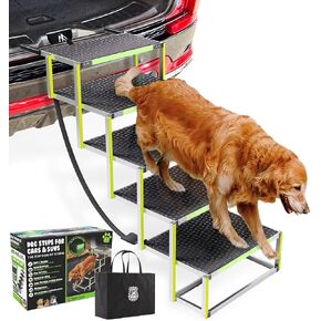 CreatureCops™ Dog Steps for Car | Glow-in-The-Dark, 175lb Support | Foldable, Non-Slip Dog Stairs for Large Dogs | Lightweight Aluminum with Carry Bag | 5 Steps for Car & Home