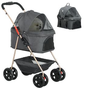PawHut 3 in 1 Dog Stroller with Detachable Carrier, 4 Wheels Cat Stroller with Storage Basket, Cupholder, Washable Pads, Folding Lightweight Pet carts for Puppy & Kittens, Gray