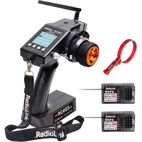 Radiolink RC4GS V3 5 Channel RC Radio Transmitter and 2Pcs R6FG Receiver with Gyro 2.4ghz, One-Hand Handwheel Control Accessory 400M Remote Controller Kit for Car/Boat/Crawler/Tank