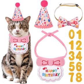 Cat Birthday Party Supplies, Pink Cat Birthday Hat with Number Cats Kitten Bandana Bow Tie Collar for Cats Kittens Pet Decorations Outfits