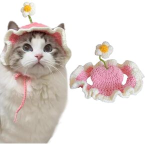 Cute Knit Cat Hat,Handmade Crochet Dog Hat Halloween Christmas Party Costume Headwear for Puppy Cat Kitten Pet Puppies (Pink, Small)