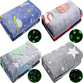 Ganeen 4 Pcs Glow in The Dark Blanket Glowing Dinosaur Space Star Sports Ball Throw Blanket Kids Toys Christmas Valentines Birthday Gift Ideas for Toddler Boys Girls Age 3-12 Years Old, 59 x 47 Inch