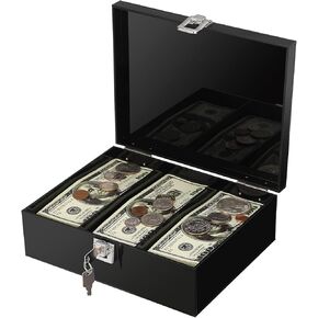 Acrylic Lockable Cash Storage Box 3 Slots Money Holder Cash Organizer Currency Tray Locked Black Container, 8.9 x 7 x 3 Inch