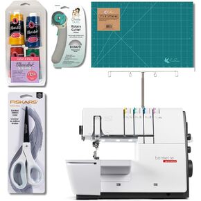 Bernette B62 Airlock Coverstitch Machine Bundle | Air Threader, Scissors, Rotary Cutter, Threads, Self Healing Foldable Cutting Mat, LED Light, Extension Table | Heavy Duty, Beginner to Professional