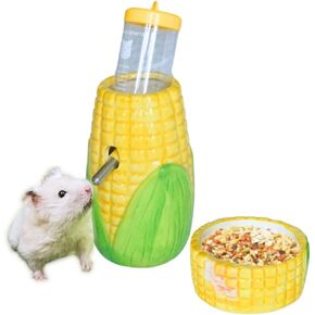 Corn Ceramic Hamster Water Bottle Stand with Food Bowl Hamster, Gerbil,mice Water Bottles with Holder Water Feeder for Small Animals，Hamster Cage Accessories
