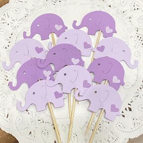 Lavender and Lilac Purple Elephant Cupcake Toppers - Elephant and Hearts Food Picks - Baby Shower Appetizer Picks - Baby Girl Shower - (Set of 24)