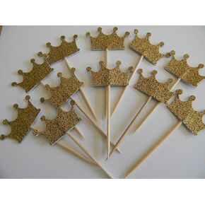 Set of 24 Gold glitter crown cupcake toppers