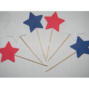 24 Red, White and Blue Star 4th of July cupcake toppers food picks birthday party décor supplies