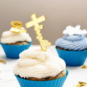 (12Pack) Personalized First Holy Communion Cupcake Toppers Dove Cross God Bless and Baptism Cupcake Picks Custom First Communion Christian Baptism God Bless and Cross Cupcake Toppers For Girl Boy
