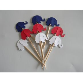 24 red, white and blue elephant cupcake toppers food picks party decor