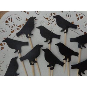 Black Raven Cupcake Toppers - Halloween Party Picks - Bird Food Picks - Black Crow - Samhain Party (Set of 24)