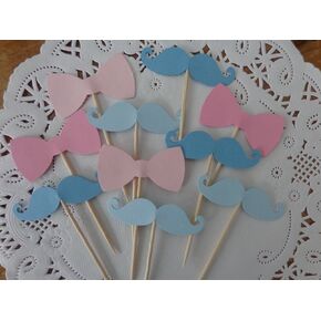 Blue Mustache and Pink Bow Cupcake Toppers - Gender Reveal Party - Food Picks - Party Picks - Baby Shower Toppers - Mustache and Bows Toppers (Set of 24)