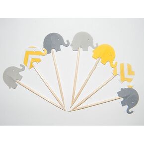 24 Mixed yellow, yellow chevron and gray elephant elephants cupcake toppers food picks baby shower decor