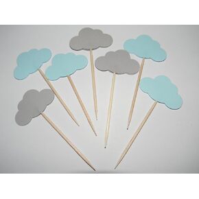 24 mixed blue and gray clouds cupcake toppers food picks baby boy shower decor party supply