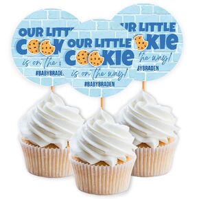 Personalized Milk And Cookies Themed Baby Shower Cupcake Toppers, Playful Blue Cookie Muncher Character Inspired Cake Topper, Boys Chocolate Chip Cookie First Birthday Party Favor Supplies