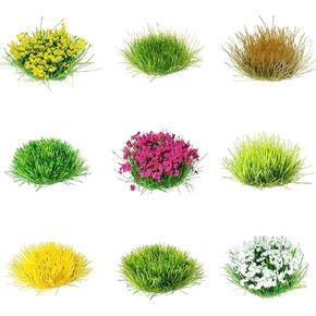 Potanro 126pcs Static Grass Tufts and Miniature Flowers Cluster for Crafts,Diorama Grass Base Supplies,Model Grass Scene Accessories for Train Railroad Scenery Sand Military Terrain Model