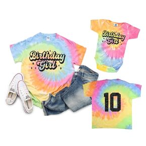 Retro Birthday Girl Tie Dye T-Shirt Pastel Age on Back Matching Family Mom Sister Dad Grandma Vintage Groovy (Youth Small (6-8), Custom Age (note at checkout), Neon Rainbow)