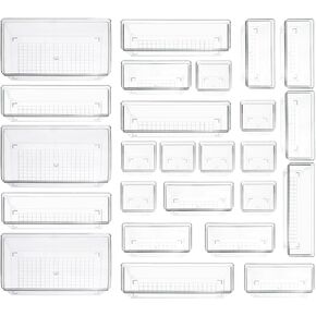 Clear Plastic Drawer Organizer Storage - 25Pcs 4 Size Desk Bathroom Kitchen Organizers and Accessories Office Organization, Vanity Stackable Drawers Bins Trays Containers Dividers Makeup Sets