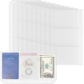 10 Pack Multi-Compartment Zippered Binder Pocket Sleeves for 6 Ring A6 Binder - Frosted Divided Zipper Pouch Money Cash Saving Budget Binder Insert Refill Card Page Protector Loose Leaf Bag (3-Pocket)